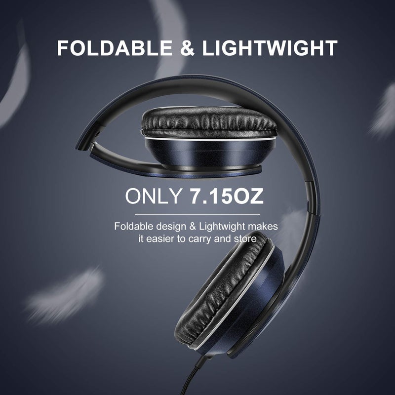 LORELEI X6 Over-Ear Headphones with Microphone, Lightweight Foldable & Portable Stereo Bass Headphones with 1.45M No-Tangle, Wired Headphones for Smartphone Tablet MP3 / 4 (Dark Blue) - Image 3